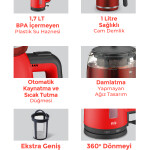 Evia Çayzade Kırmızı 2200 Watt Cam Demlikli Bpa Içermeyen Çay Makinesi Ve Su Isıtıcısı EA-4308K