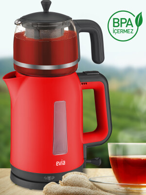 Evia Çayzade Kırmızı 2200 Watt Cam Demlikli Bpa Içermeyen Çay Makinesi Ve Su Isıtıcısı EA-4308K