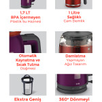 Evia Çayzade Mor 2200 Watt Cam Demlikli Bpa Içermeyen Çay Makinesi Ve Su Isıtıcısı EA-4308M