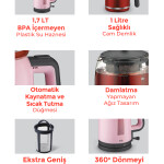 Evia Çayzade Pembe 2200 Watt Cam Demlikli Bpa Içermeyen Çay Makinesi Ve Su Isıtıcısı EA-4308P