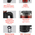 Evia Çayzade Siyah 2200 Watt Cam Demlikli Bpa Içermeyen Çay Makinesi Ve Su Isıtıcısı EA-4308S