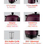 Evia Ladem Mor Geniş Kapasiteli 2200 Watt Paslanmaz Çelik Çay Makinesi Ve Su Isıtıcısı EA-4309 