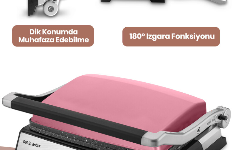 Goldmaster Gralux Pembe Paslanmaz Çelik 2000 Watt Granit Çıkarılabilir Plakalı Tost Ve Izgara Makinesi