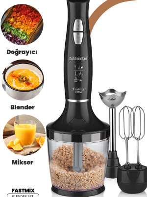 GoldMaster Fastmix Siyah 1000 Watt Sessiz Hız Ayarlı 3 In 1 Doğrama Karıştırma Blender Seti IN 6206 Siyah