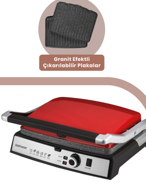 GoldMaster Gralux Kırmızı Paslanmaz Çelik 2000 Watt Granit Çıkarılabilir Plakalı Tost Ve Izgara Makinesi BY-5400K
