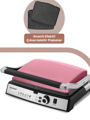 GoldMaster Gralux Pembe Paslanmaz Çelik 2000 Watt Granit Çıkarılabilir Plakalı Tost Ve Izgara Makinesi BY-5400P